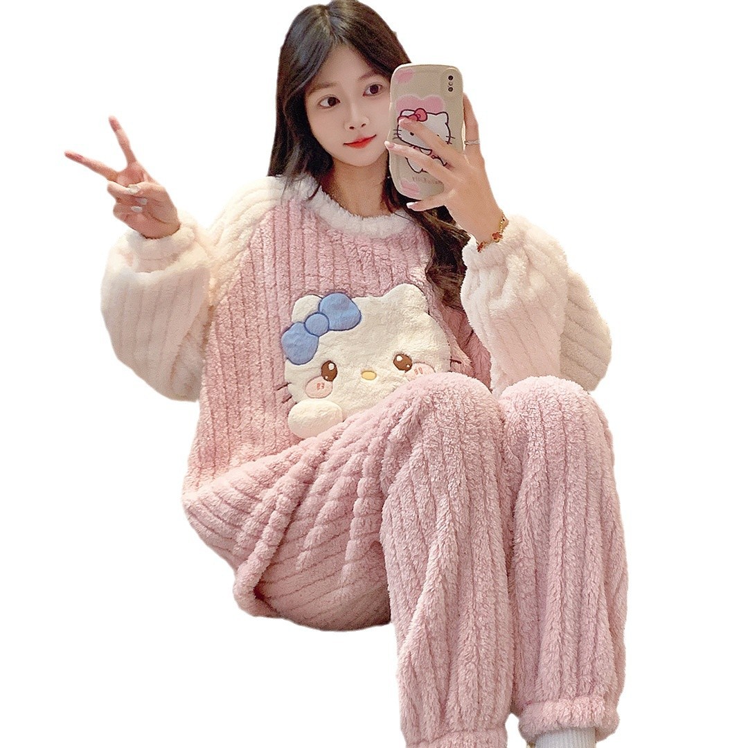 겨울 새 잠옷 여성 피트 벨벳 크루 넥 풀오버 긴 소매 바지 달콤한 귀여운 따뜻한 집 옷 세트 겨울