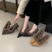 不含税法式尖头细跟浅口单鞋2025新款加绒毛毛鞋冬季保暖通勤女鞋