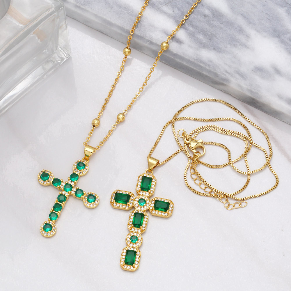 Fashion Female Hip Hop Peacock Green Zircon Cross Pendant Copper Necklace