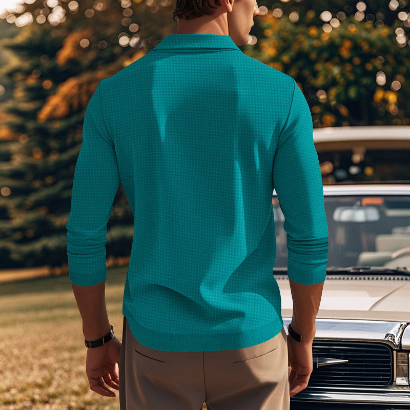 Podzimní a zimní americké pánské tričko s dlouhým rukávem, tenký střih, vaflový styl, slim fit, klopový pletený svetr pro muže_voghion.com