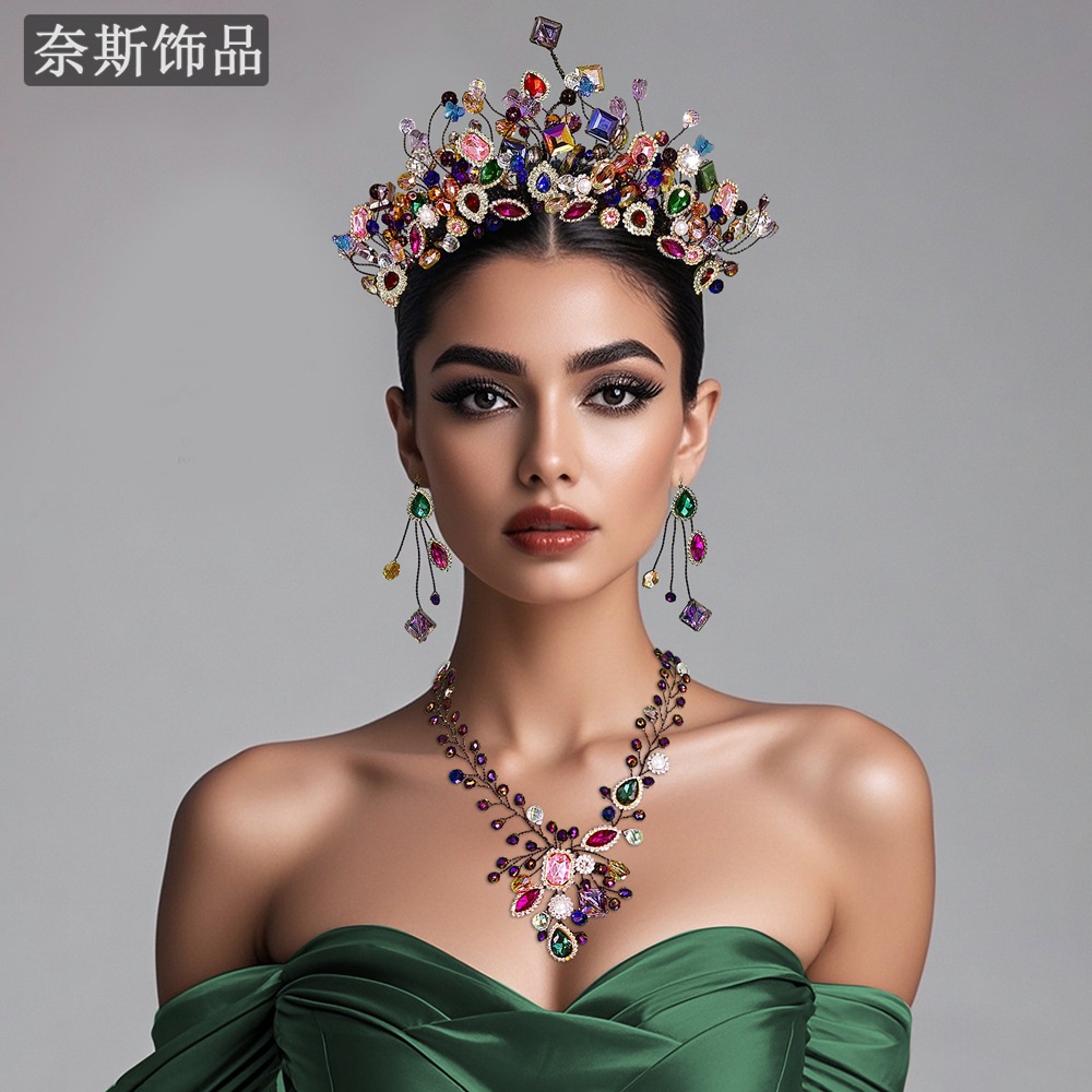 Nais Ns46 New Christmas Colorful Rhinestone Headband European and American Cross-Border Colorful Crown Headwear Set Accessories