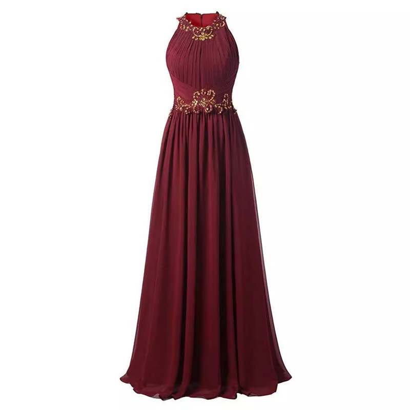 AliExpress foreign trade new chiffon applique beaded sexy dress halter slim elegant dress banquet host