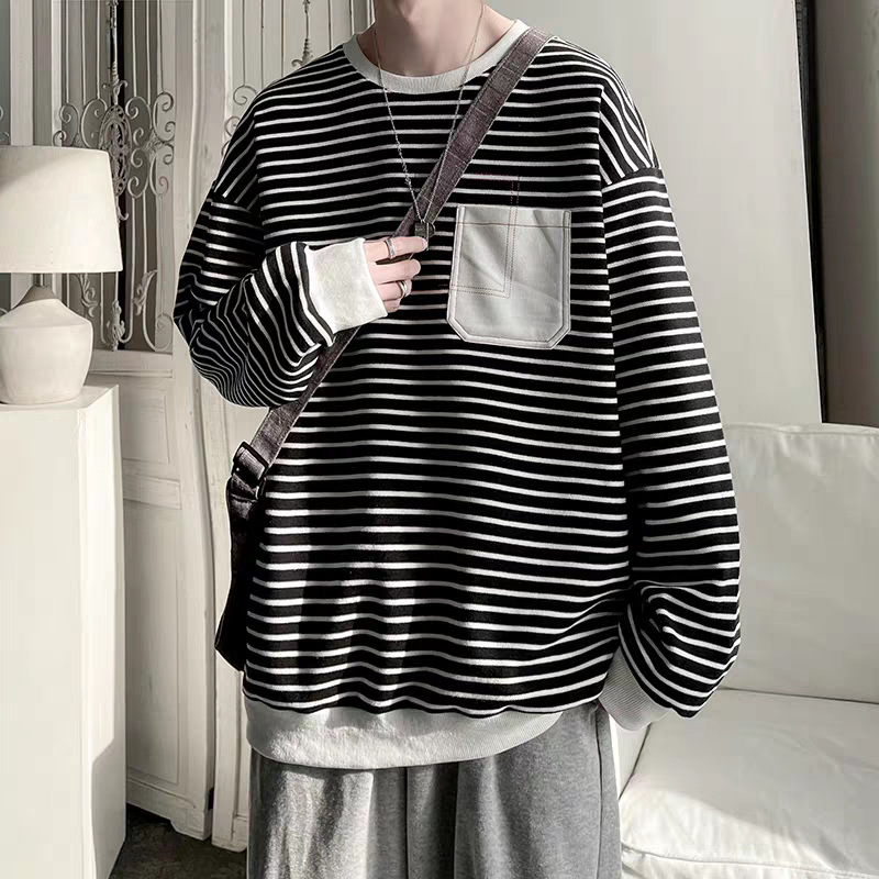 Hoodless Sweater Men's Spring and Autumn 2024 New Fashionable Inner Base Shirt Striped Loose Top Outdoor Shirt Fashionable Hoodless Sweater Men's Spring and Autumn 2024 New Fashionable Inner Base Shirt Striped Loose Top Outdoor Shirt Fashionable
