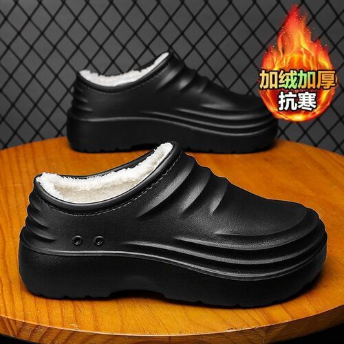 Men's Chef Shoes Winter Fleece Lined Insulated Kitchen-Specific Work Shoes Waterproof Slip-Resistant Oil-Proof Plus Size Black Safety Shoes