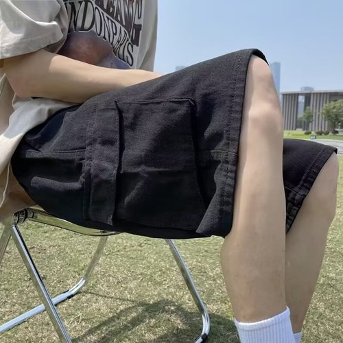 Men's Summer American Retro Knee-Length Six-Front Cargo Denim Shorts Loose Wide Leg Five-Front Pants