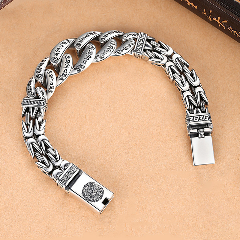 Simple Zhen S925 sterling silver jewelry men's personality domineering six words Sanskrit safe pattern domineering bracelet vintage silver chain Simple Zhen S925 sterling silver jewelry men's personality domineering six words Sanskrit safe pattern domineering bracelet vintage silver chain
