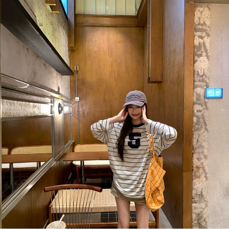 Sun Protection Cover-Up Women's Striped Jersey T-Shirt Korean Style Versatile Slimming Casual Loose Long-Sleeve Top Ins Sleeveless Sun Protection Cover-Up Women's Striped Jersey T-Shirt Korean Style Versatile Slimming Casual Loose Long-Sleeve Top Ins Sleeveless