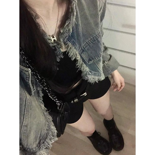 American-style fashion brand short denim open jacket for women, chic fringe edge design, trendy blouse with design sense
