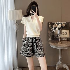 时尚休闲套装女2025夏季新款减龄显瘦V领短袖上衣运动两件套批发