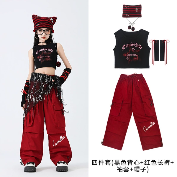 Set, black vest, red trousers, sleeves, hat, 4 pieces
