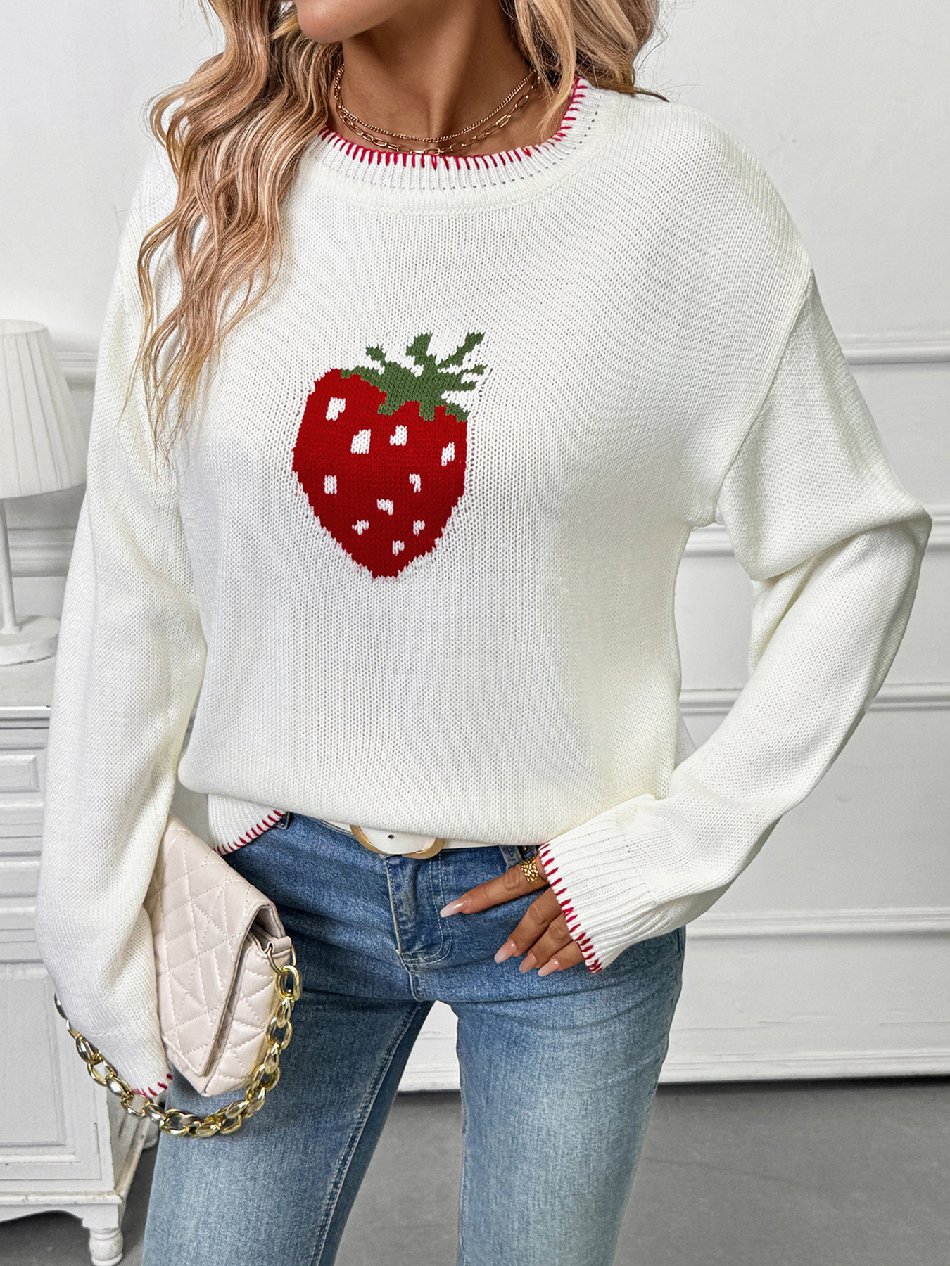 Women's Strawberry Jacquard Knit Sweater - Soft Acrylic Pullover With Loose Fit, Round Neck, Long Sleeves For Casual Comfort_voghion.com