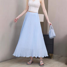 垂感雪纺大摆长裙韩系女装松紧腰压褶波浪边仙女长裙一件代发9536