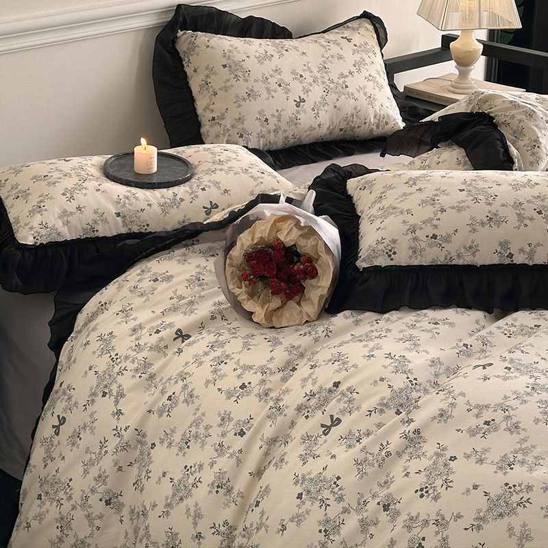 Conjunto de cama de quatro peças em algodão puro, estilo nórdico francês vintage boho boho, com capa de edredom e lençol em renda vintage, ideal para estudantes._voghion.com