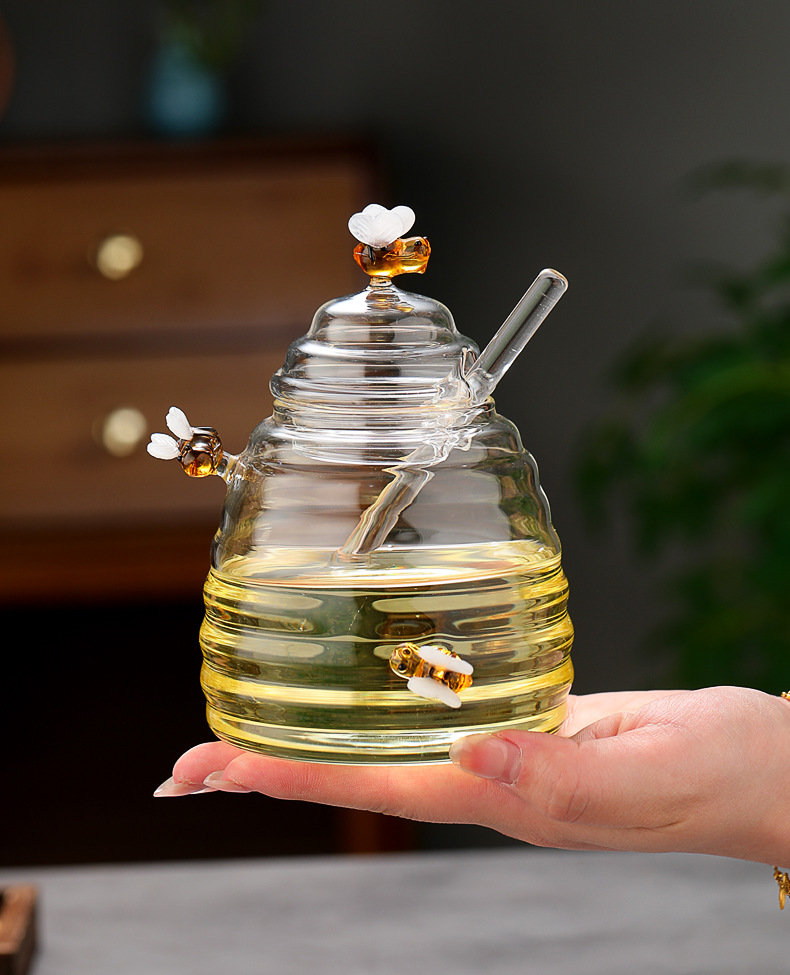 蜂蜜波纹玻璃罐,带勺500ml,高硼硅蜂蜜储物罐,圆形密封收纳罐