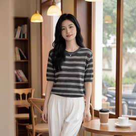 2026夏季新款天丝亚麻花纱针织衫t恤女薄款设计感宽松短袖上衣百