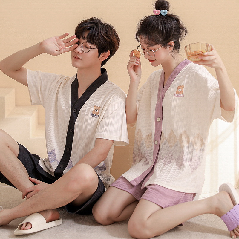 2024 verano pareja pijama de algodón cardigan de manga corta suelta ropa de casa de tamaño grande para hombres y mujeres juegos de camiso