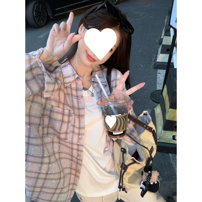 Korean Style Girlfriend Fairy Pink Plaid Shirt Casual Design Versatile Loose Top
