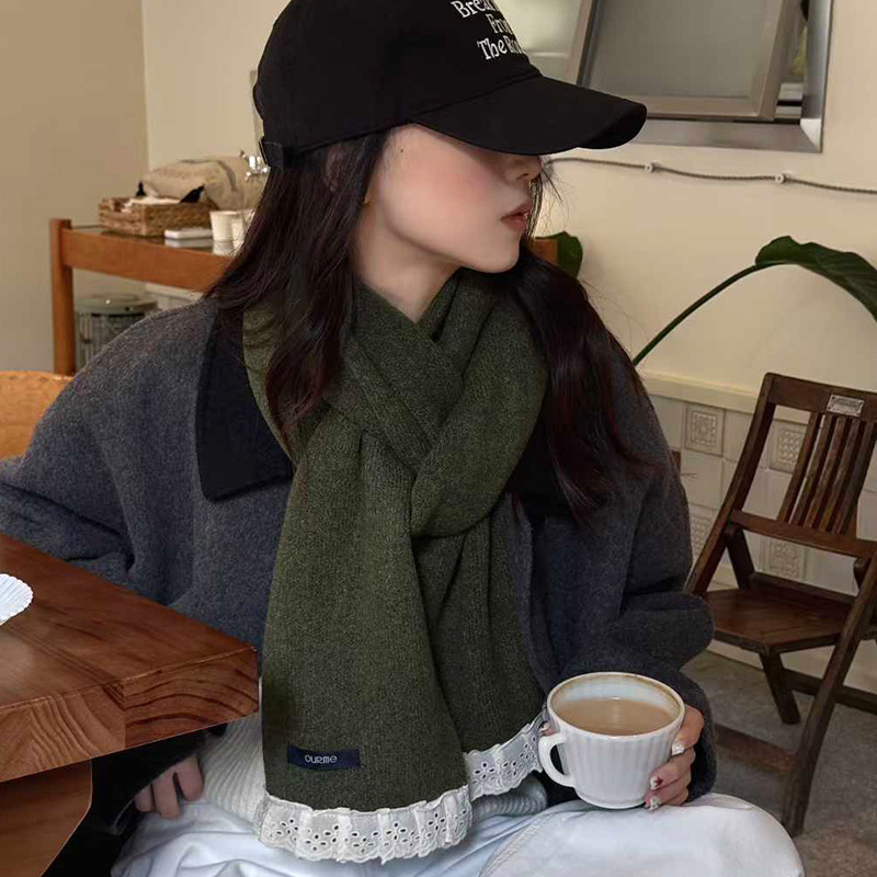 2025新款围巾女冬季韩版潮蕾丝边纯色仿羊绒保暖围脖青年学院风女|undefined