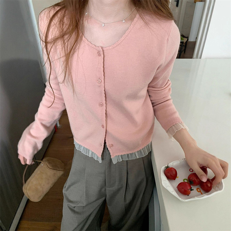 温柔风拼接设计感蕾丝花边针织开衫女秋季新款小个子短款毛衣外套|undefined