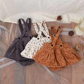 婴幼儿新品春秋款2025新品灯芯绒背带连体哈衣女宝宝百搭包屁裙裤