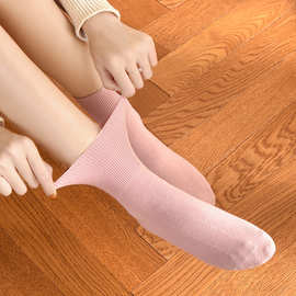 加工定制秋冬新款外资女日韩全棉纯色仿双针松口女袜休闲中筒袜