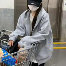 娥状133灰色连帽卫衣女装早秋新款宽松外套韩系慵懒风开衫上衣服