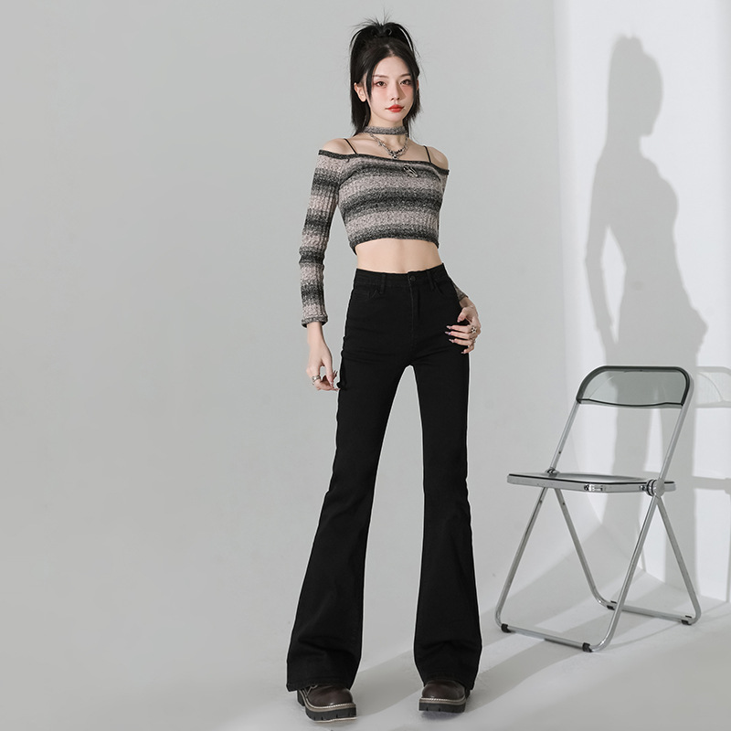 Internet Celebrity Black High-Waisted Bootcut Jeans for Women 2025 Spring & Fall New Elastic Versatile Slimming Look Horse Hoof Pants for Small People