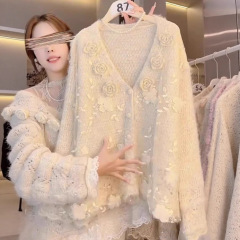 法式蕾丝花边针织开衫女秋冬新款绝美镂空毛衣外套别致高级感上衣