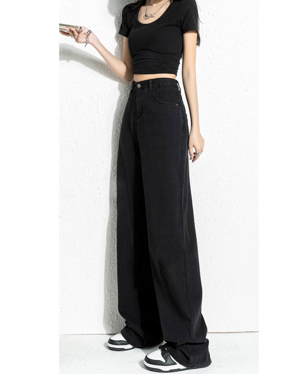 Women's High-Waisted Wide Leg Jeans Black Loose Fit Slimming Spring Style Korean Straight Leg Floor Length Trendy Fashionable_ecoleips.com