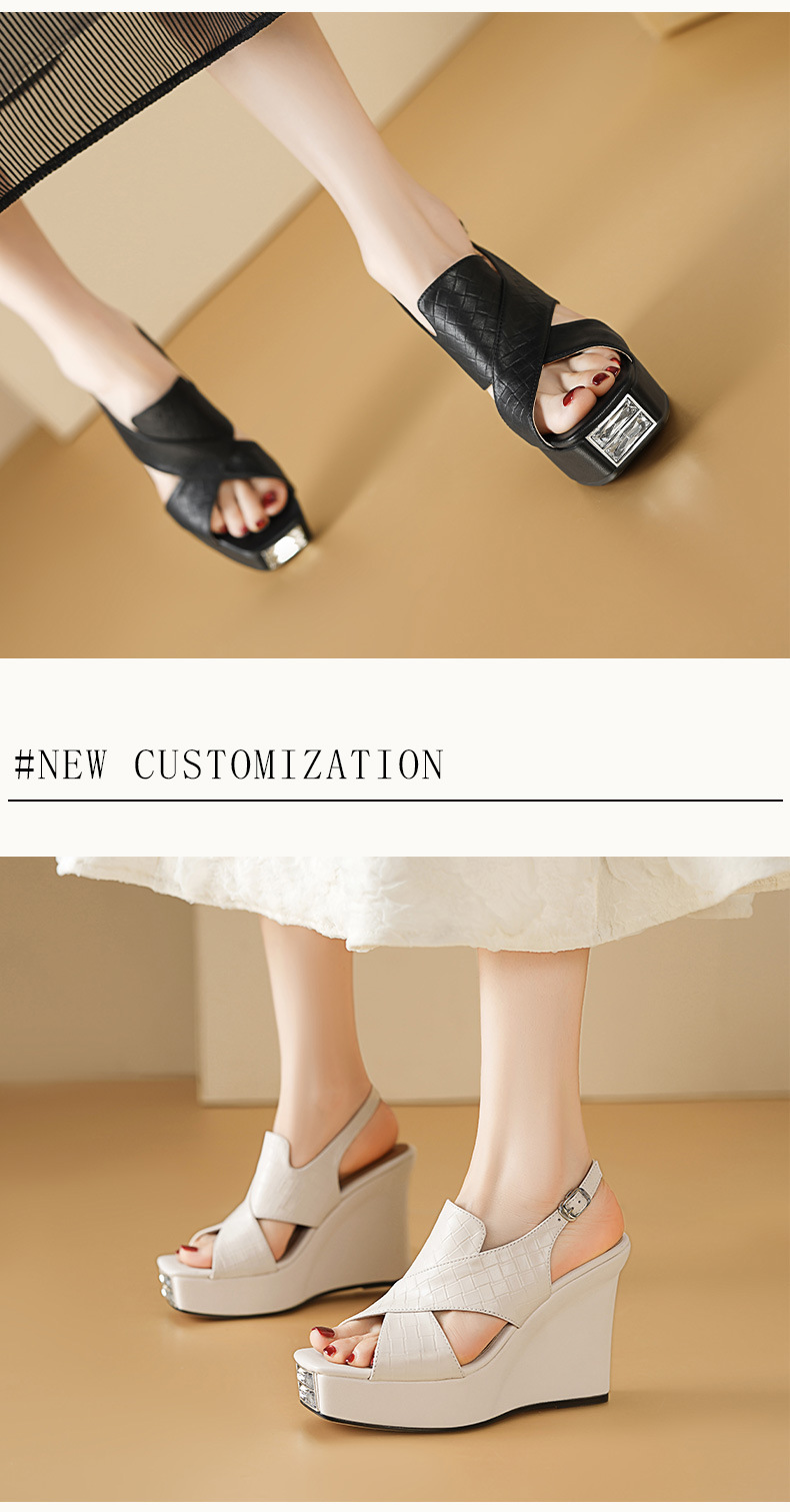 Sandal cao gót nữ mũi hở đế xuồng phong cách La Mã — Màu đen chi tiết 4