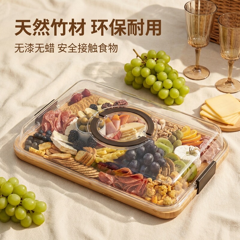 Bamboo Cooked Food Serving Tray, Outdoor Portable Compartmentalized Snack Platter, Square Dried Fruit Tray, Party Storage Box