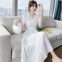 白色短袖连衣裙女夏季新款法式复古高级气质长裙显瘦棉仙女裙圣