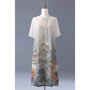 [Special Offer] Mom's Loose Chiffon Dress Summer Women's New Style Middle-Aged and Elderly Short-Sleeved National Style Skirt Above the Knee