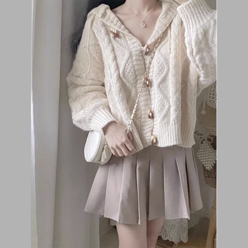 可盐可甜奶乖系韩剧奶糯风针织毛衣牛角扣开衫外套女装秋冬小个子|undefined