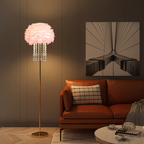 Floor lamp feather crystal light luxury Nordic living room sofa beside bedroom bedside internet celebrity live streaming room warm standing lamp 