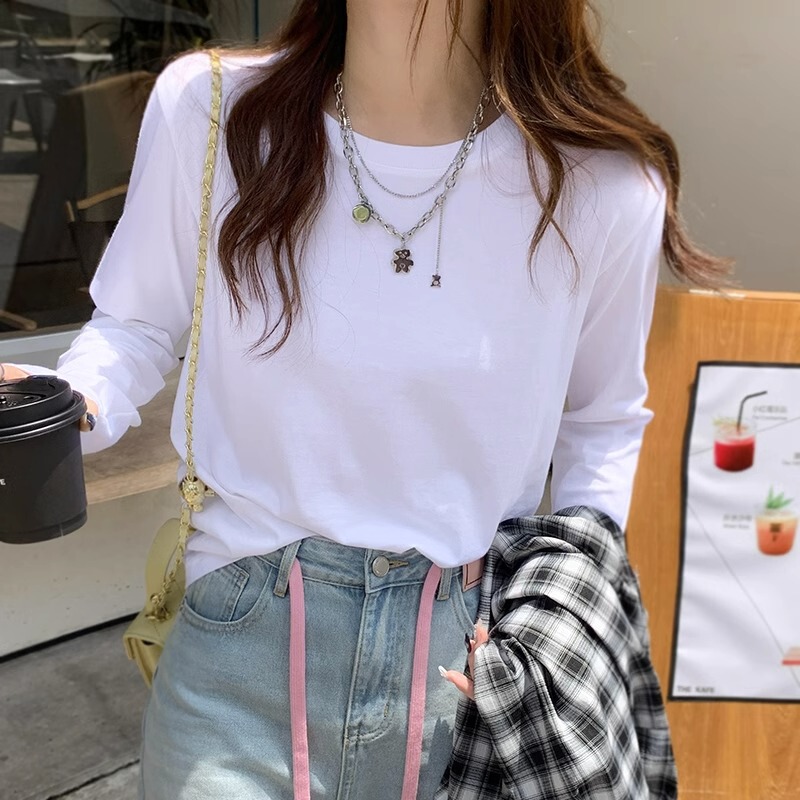 Pure cotton basic versatile long-sleeve T-shirt for women, autumn Korean style, loose fit, regular shoulder, inner layer top, wholesale Pure cotton basic versatile long-sleeve T-shirt for women, autumn Korean style, loose fit, regular shoulder, inner layer top, wholesale