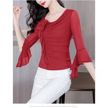 法式短款雪纺上衣女七分袖夏季新款妈妈修身网纱t恤气质减龄小衫