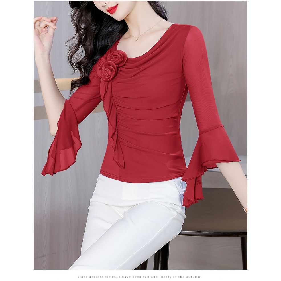 法式短款雪纺上衣女七分袖夏季新款妈妈修身网纱t恤气质减龄小衫