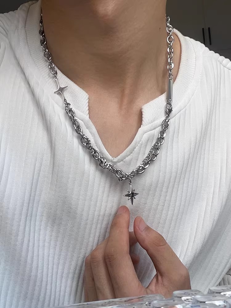 Double Layer Chain Necklace With Cross And Star Pendants For Men_voghion.com