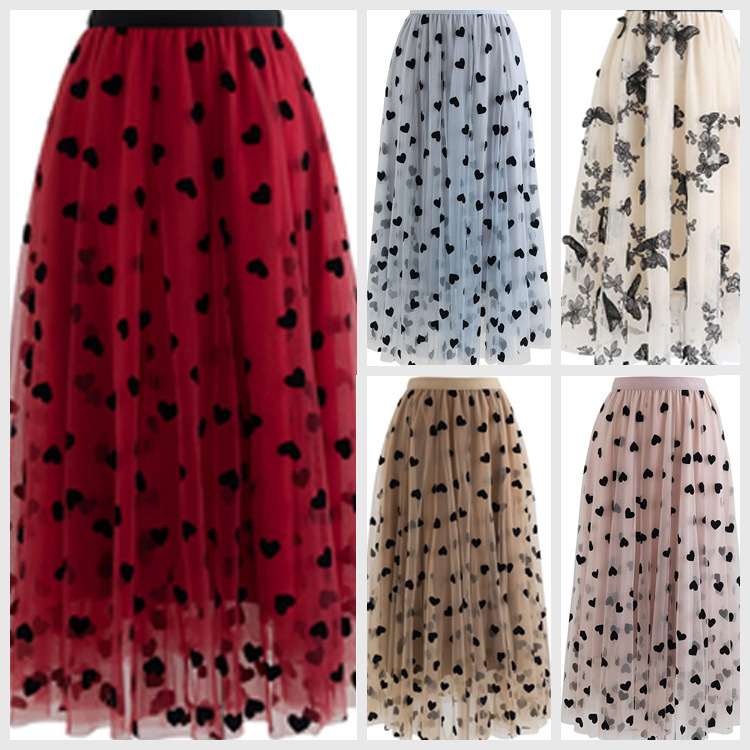 2022 Spring New Arrival French Style Retro High Waist Loving Midi Dress with Fluffy Mesh Flocking Skirt