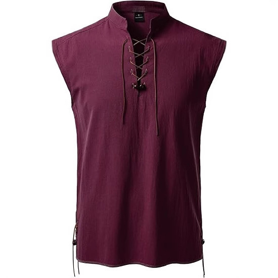 2025 Amazon Men's Shirt Improved Henley Shirt Sleeveless Hippie Casual Beach Stand Collar Shirt European Size