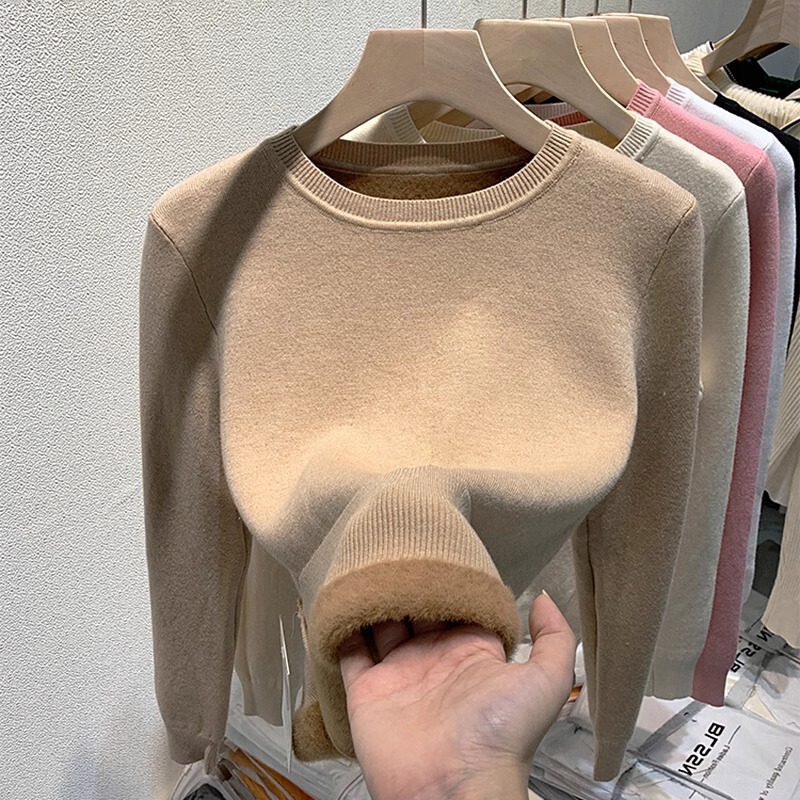 Base Shirt Women's Autumn and Winter Low Collar One-piece Cashmere Sweater Winter New Warm Top Thickened fleece-lined Round Neck Sweater Base Shirt Women's Autumn and Winter Low Collar One-piece Cashmere Sweater Winter New Warm Top Thickened fleece-lined Round Neck Sweater