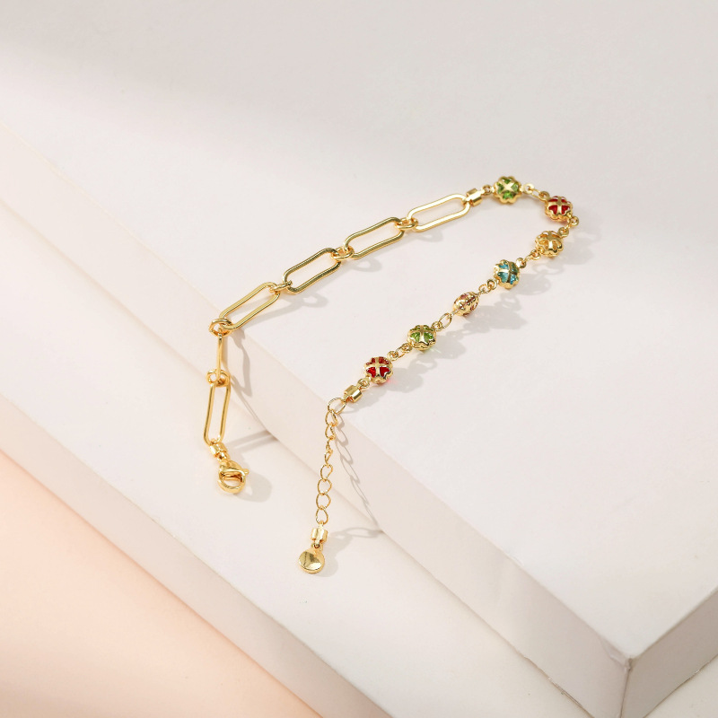 neues Produkt verkupfertes 18K echtes Goldarmband weibliches verstellbares vierblttriges Kleeblatt Farbe Zirkon weibliches Armbandpicture5