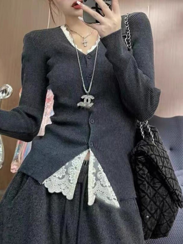 【包芯纱洗水】感灰色蕾丝拼接针织衫女长袖毛衣打底衫气质|undefined