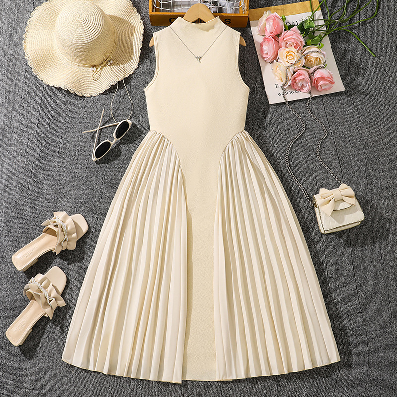 女の子ドレス貿易クロスボーダー子供服夏の新しいスタンドアップカラー気質プリーツステッチノースリーブドレスロングスカート|undefined
