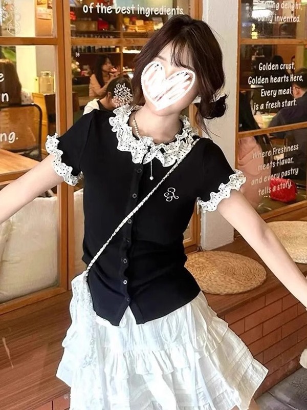 韩系甜妹花边刺绣短袖T恤女夏季新款短款修身正肩百搭休闲上衣ins|undefined