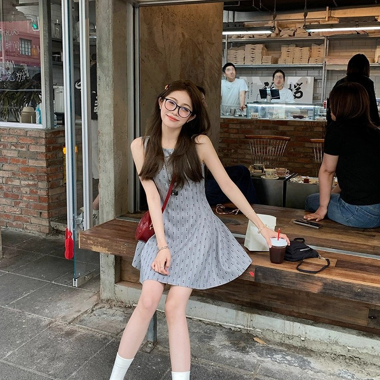 学院风圆领无袖收腰显瘦连衣裙女夏季法式灰色短款气质背心A字裙|undefined