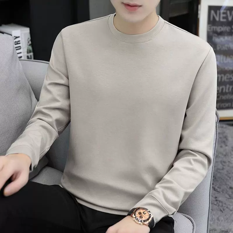 秋冬季新品纯色圆领卫衣男长袖T恤简约休闲百搭加绒外套上衣男士