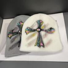 韩国代购东大门秋冬新款美式复古十字架针织帽女款显脸小毛线帽子