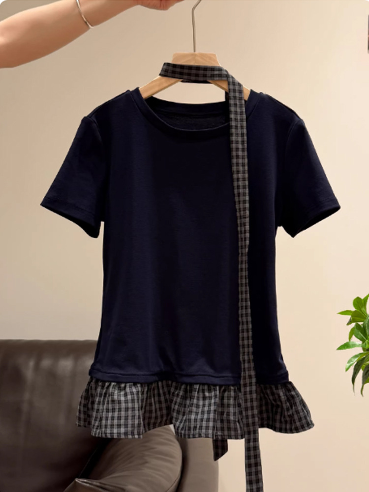 Women's Vintage Plaid Patchwork False Two-Piece Short Sleeve Tee - Slim Fit Retro Style Summer Top_ecoleips.com